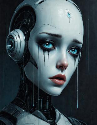 The primary subject of the image is a woman with blue eyes, wearing a futuristic outfit and a headpiece that resembles a robot. She is surrounded by a futuristic setting, with a backdrop of a cityscape. The visual style of the image is digital art, and the colors and mood are dark and moody.